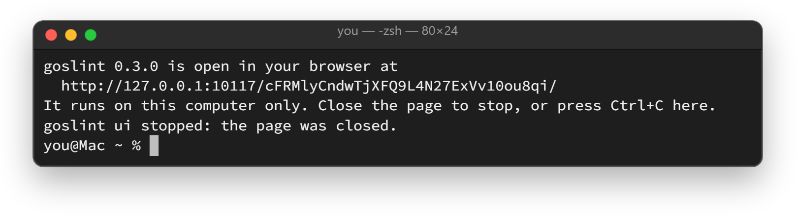 Terminal on a Mac after the page is closed: "goslint ui stopped: the page was closed." and the prompt returns.
